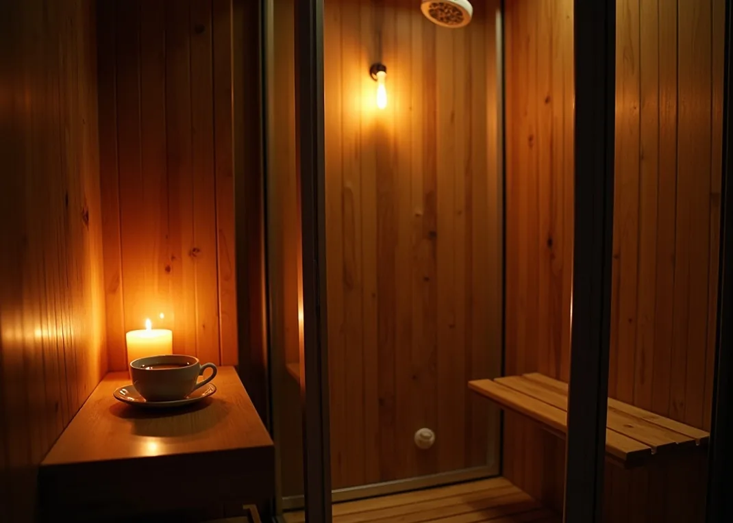 Cozy small urban apartment bathroom at night with candles near compact steam cabin
