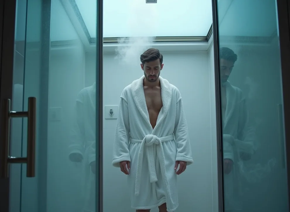 Man in white robe stepping out of compact steam cabin into modern bathroom with steam pouring out