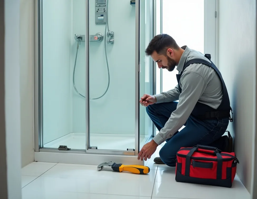 Professional bathroom installer crouching next to steam shower cabin during careful installation