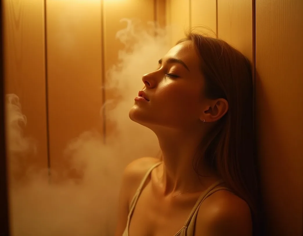 Young woman relaxing with eyes closed inside compact steam cabin with matte glass wall