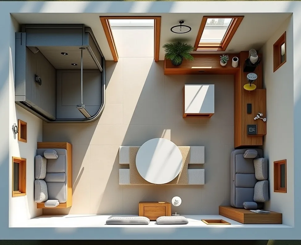 Aerial drone-style view of compact modern apartment layout showing bathroom zone with glass steam cabin