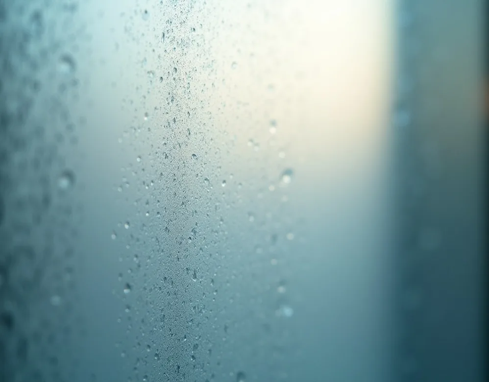 Water droplets slowly running down inside of matte frosted glass cabin wall with steam