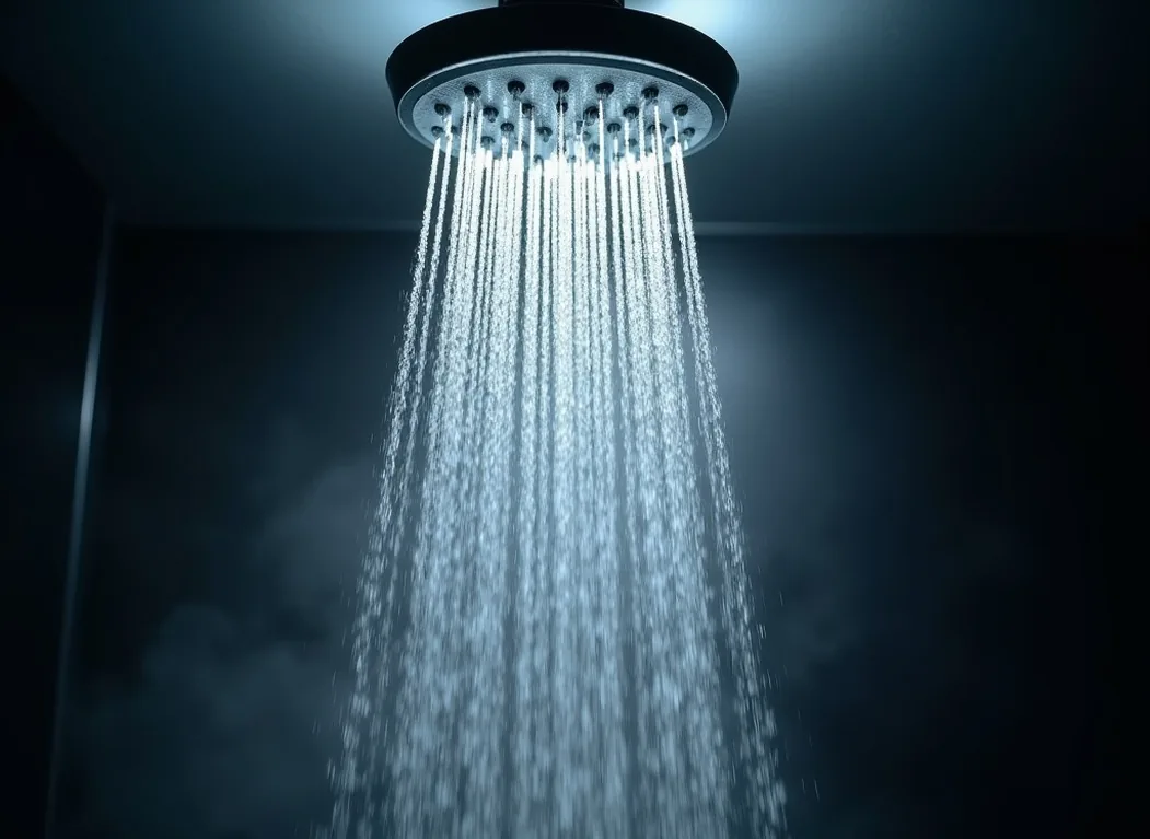 Extreme close-up of steam nozzle inside shower cabin releasing fine mist of water vapor with water droplets