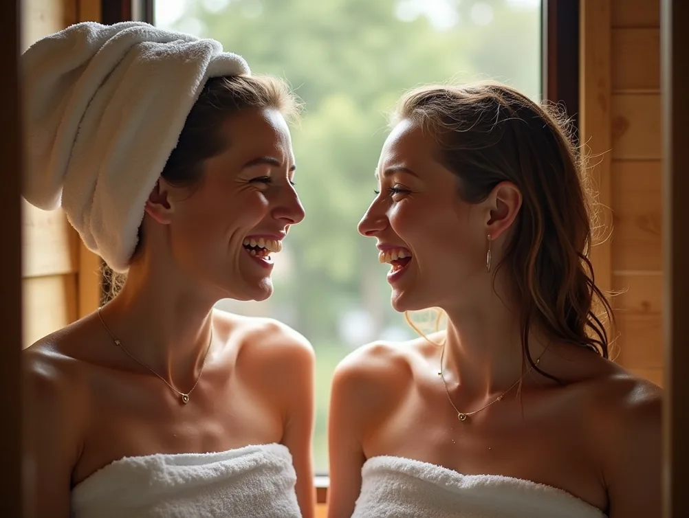 Two friends laughing and talking outside steam cabin in modern shared urban apartment