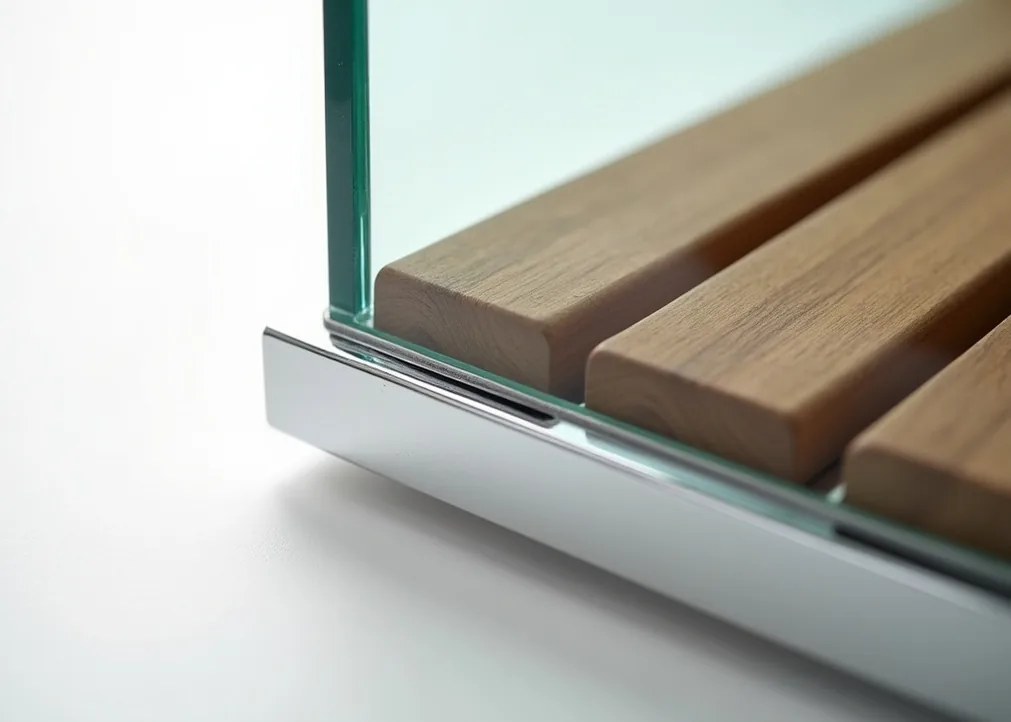 Premium steam shower cabin corner detail with teak wood bench surface texture