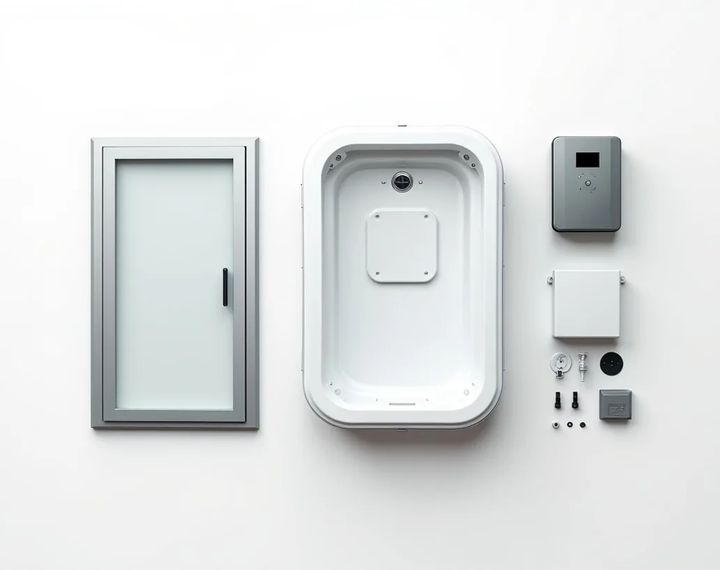Disassembled compact steam shower cabin SC-75X components arranged on flat surface top-down view